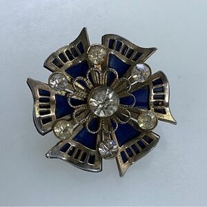 Vintage Pin Brooch Gold Toned Round Floral With Blue Enamel Clear Rhinestones